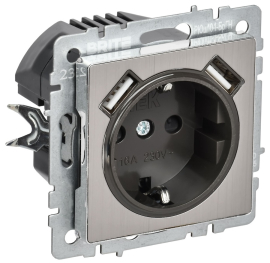 Розетка электрическая + USB А+А, 2, 1 А BRITE, USB type-A 5V, двойная, цвет - никель