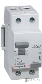 Выключатель дифференциального тока (УЗО) RX³, 2 полюса, 40А,  тип - AC, 30 мА402025, Legrand - PULSAL.RU