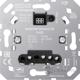 Механизм светорегулятора (диммера) 20-420 Вт/ВА, для LED 3-100 Вт
A VIVA,  A creation,  A 550,  A flow,  AS 500,  CD 500,  CD plus,  LS 990,  LS plus,  LS ZERO,  LS-design,  SL 500,  клавишный,  с возможностью управления с 2-х мест,  лампы накаливания и галогенные 220В (R),  лампы с индукционным (обмоточным) трансформ.(L),  лампы с электронным (емкостным) трансформ.(C),  диммируемые лампы LED 220В (LEDi тип L),  диммируемые лампы LED 220В (LEDi тип C),  1711DE,  1711 DE,  JUNG
 - PULSAL.RU