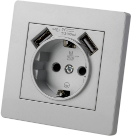 Розетка USB A+A, 2.1А с электрической розеткой
Сенеж,  USB type-A 5V,  Электр. с USB,  двойная,   цвет - металлик,  пластмасса,  SQ1816-0253,  TDM
 - PULSAL.RU