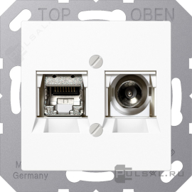 Розетка одиночная TV+RJ45
A VIVA,  A creation,  A 550,  A flow,  телевизионная (TV),  одинарная,   цвет - белый,  пластмасса,  MMDA4521WW,  JUNG
 - PULSAL.RU